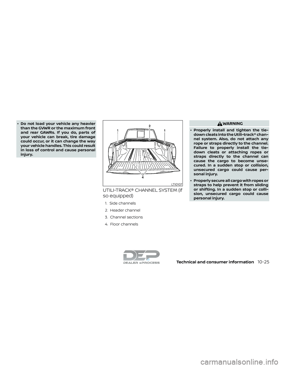 NISSAN TITAN 2018 Owner´s Manual ∙ Do not load your vehicle any heavierthan the GVWR or the maximum front
and rear GAWRs. If you do, parts of
your vehicle can break, tire damage
could occur, or it can change the way
your vehicle ha NISSAN TITAN 2018 Owner´s Manual ∙ Do not load your vehicle any heavierthan the GVWR or the maximum front
and rear GAWRs. If you do, parts of
your vehicle can break, tire damage
could occur, or it can change the way
your vehicle ha