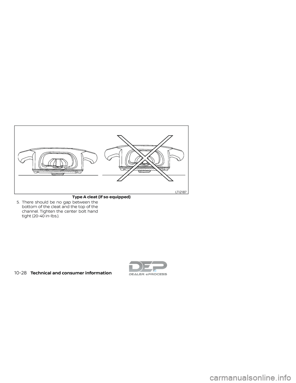 NISSAN TITAN 2018  Owner´s Manual 5. There should be no gap between thebottom of the cleat and the top of the
channel. Tighten the center bolt hand
tight (20-40 in-lbs.).
Type A cleat (if so equipped)
LTI2187
10-28Technical and consum