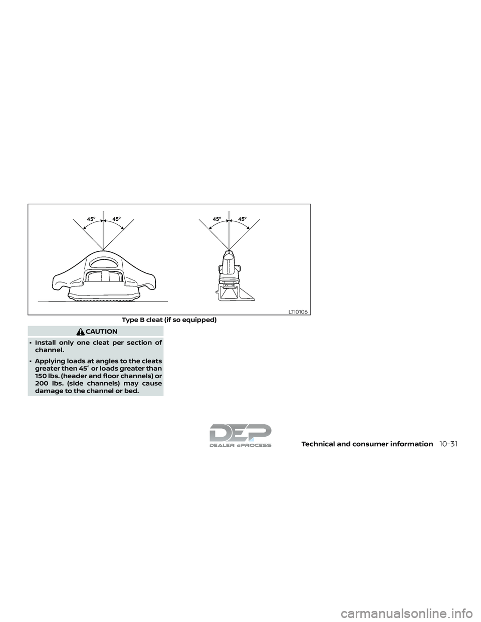 NISSAN TITAN 2018  Owner´s Manual CAUTION
∙ Install only one cleat per section ofchannel.
∙ Applying loads at angles to the cleats greater then 45° or loads greater than
150 lbs. (header and floor channels) or
200 lbs. (side chan