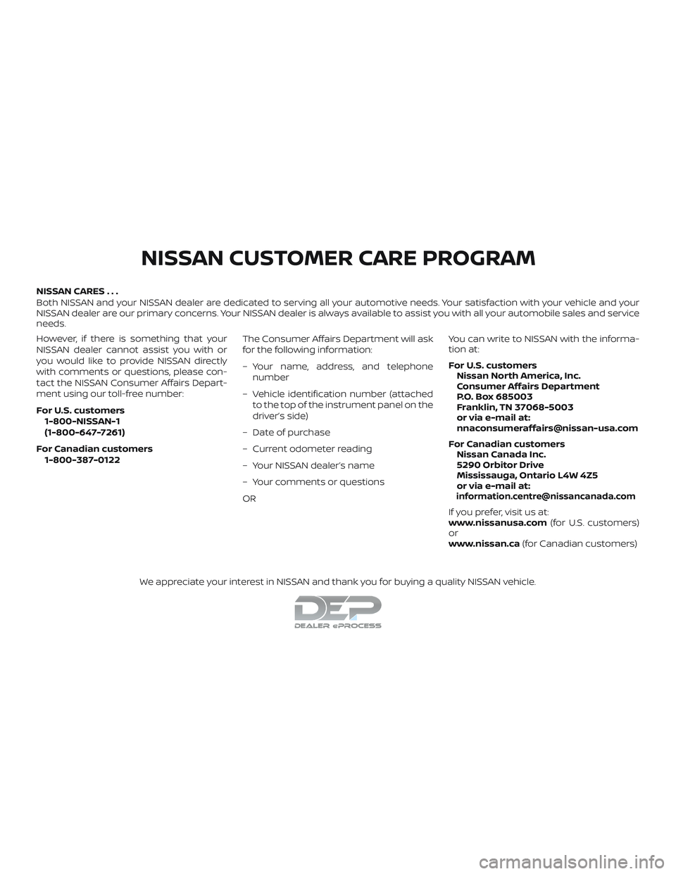 NISSAN TITAN 2018 Owner´s Manual NISSAN CARES . . .
Both NISSAN and your NISSAN dealer are dedicated to serving all your automotive needs. Your satisfaction with your vehicle and your
NISSAN dealer are our primary concerns. YourNISSA NISSAN TITAN 2018 Owner´s Manual NISSAN CARES . . .
Both NISSAN and your NISSAN dealer are dedicated to serving all your automotive needs. Your satisfaction with your vehicle and your
NISSAN dealer are our primary concerns. YourNISSA
