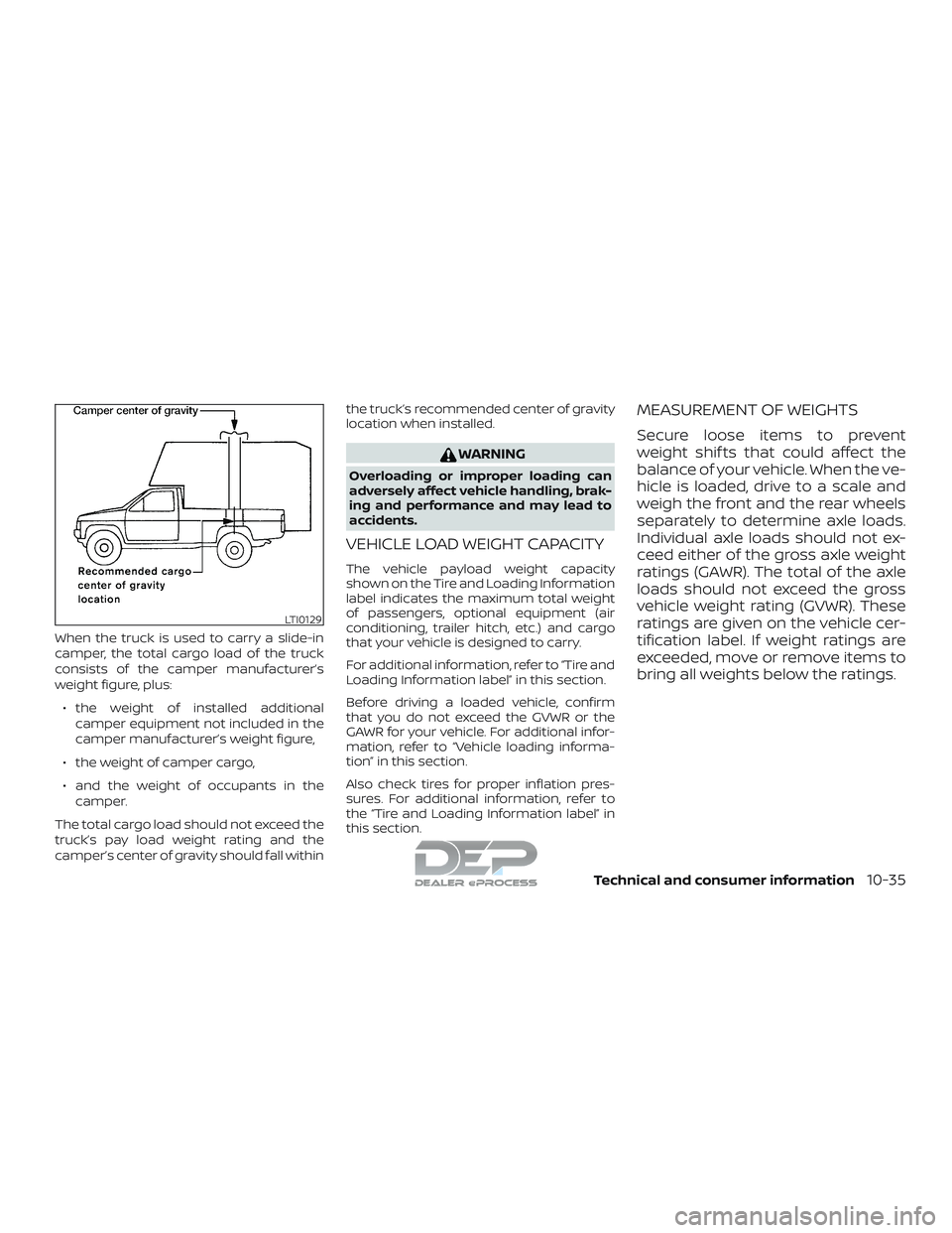 NISSAN TITAN 2018 Owner´s Manual When the truck is used to carry a slide-in
camper, the total cargo load of the truck
consists of the camper manufacturer’s
weight figure, plus:∙ the weight of installed additional camper equipment NISSAN TITAN 2018 Owner´s Manual When the truck is used to carry a slide-in
camper, the total cargo load of the truck
consists of the camper manufacturer’s
weight figure, plus:∙ the weight of installed additional camper equipment