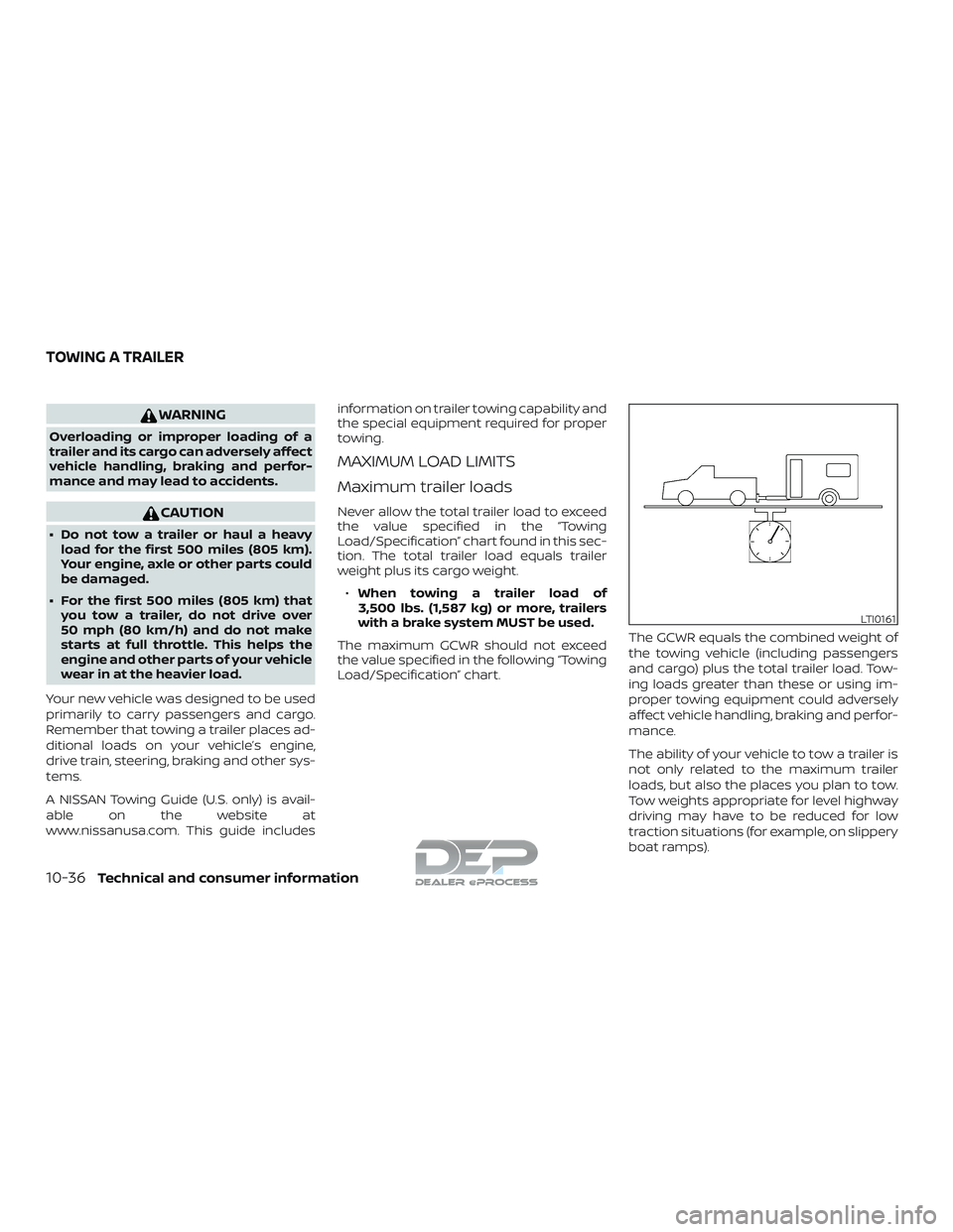 NISSAN TITAN 2018 Owner´s Manual WARNING
Overloading or improper loading of a
trailer and its cargo can adversely affect
vehicle handling, braking and perfor-
mance and may lead to accidents.
CAUTION
∙ Do not tow a trailer or haul NISSAN TITAN 2018 Owner´s Manual WARNING
Overloading or improper loading of a
trailer and its cargo can adversely affect
vehicle handling, braking and perfor-
mance and may lead to accidents.
CAUTION
∙ Do not tow a trailer or haul