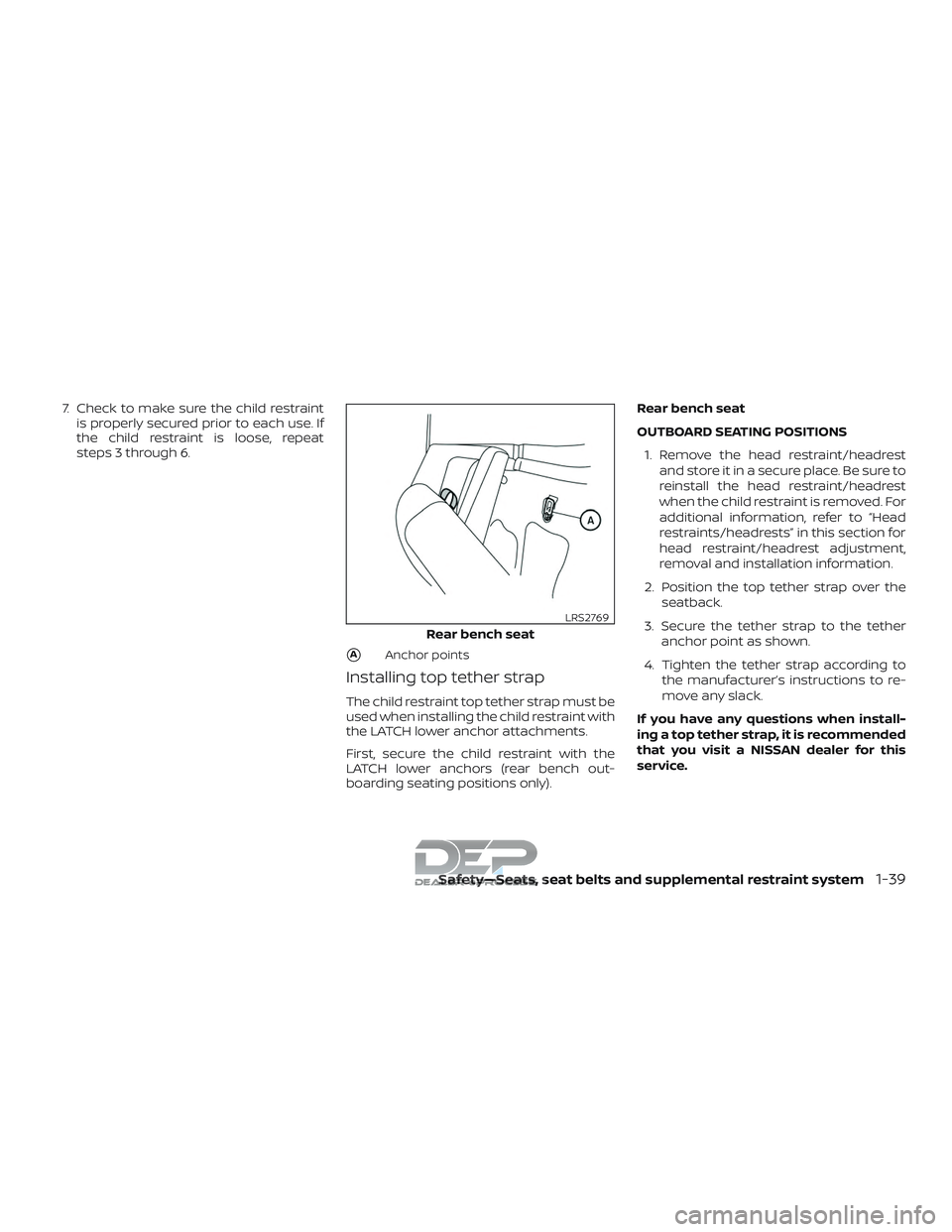 NISSAN TITAN 2018  Owner´s Manual 7. Check to make sure the child restraintis properly secured prior to each use. If
the child restraint is loose, repeat
steps 3 through 6.
AAnchor points
Installing top tether strap
The child restrai