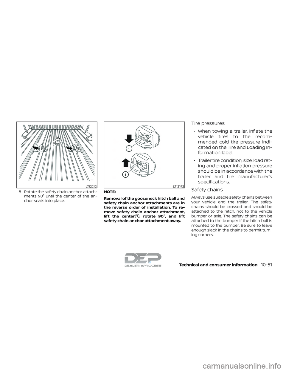 NISSAN TITAN 2018  Owner´s Manual 8. Rotate the safety chain anchor attach-ments 90° until the center of the an-
chor seats into place. NOTE:
Removal of the gooseneck hitch ball and
safety chain anchor attachments are in
the reverse 