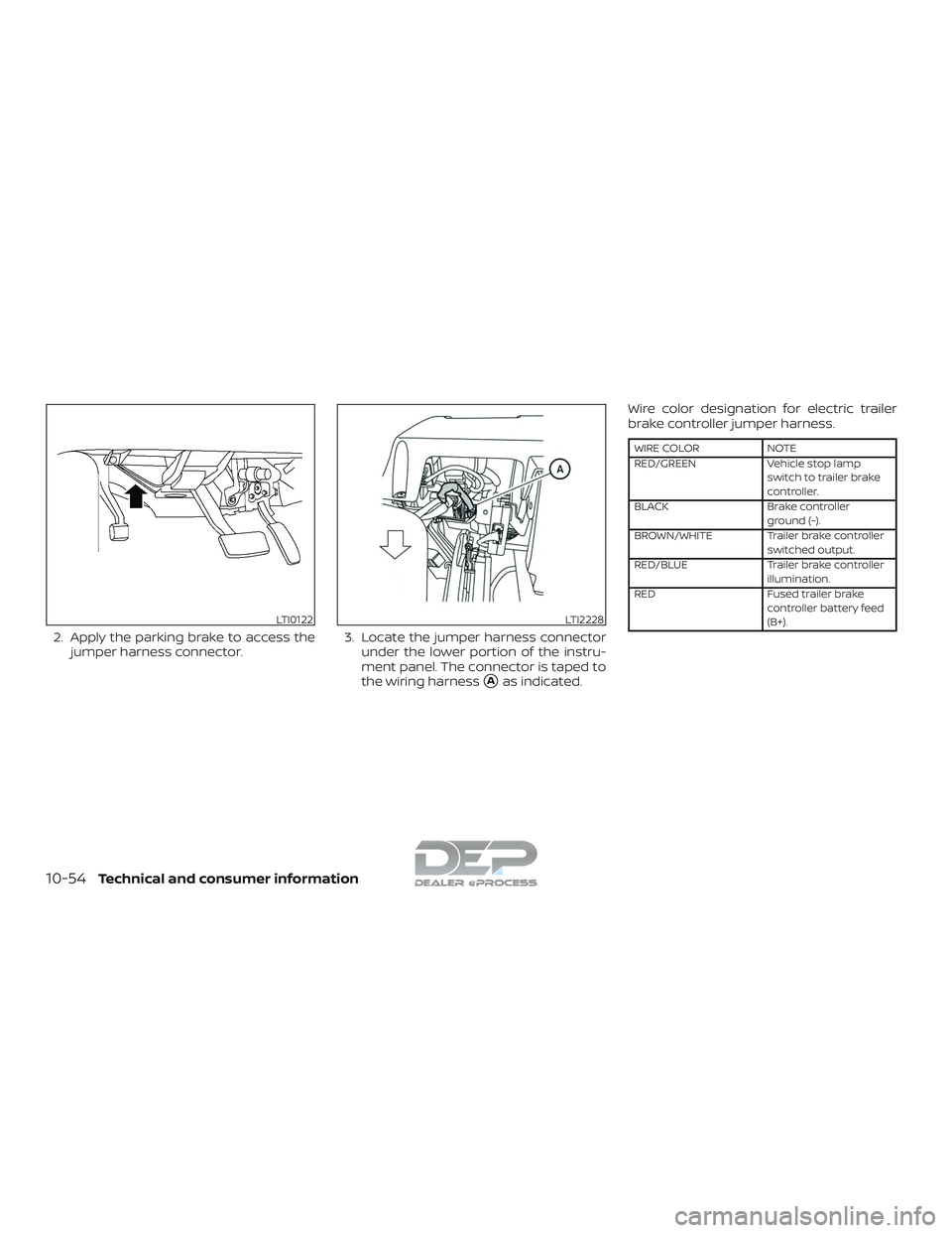 NISSAN TITAN 2018  Owner´s Manual 2. Apply the parking brake to access thejumper harness connector. 3. Locate the jumper harness connector
under the lower portion of the instru-
ment panel. The connector is taped to
the wiring harness
