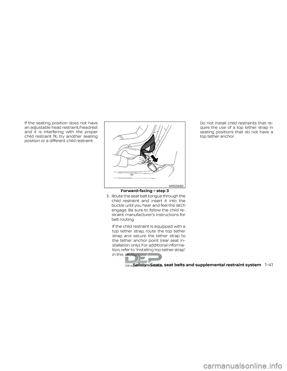 NISSAN TITAN 2018  Owner´s Manual If the seating position does not have
an adjustable head restraint/headrest
and it is interfering with the proper
child restraint fit, try another seating
position or a different child restraint.3. Ro