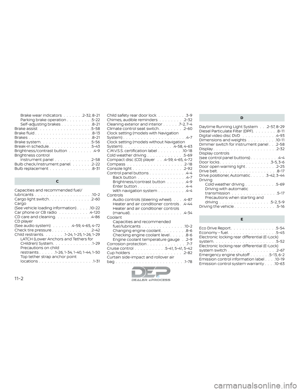 NISSAN TITAN 2018 Owner´s Manual Brakewearindicators.......2-32,8-21
Parking brake operation.........5-22
Self-adjustingbrakes...........8-21
Brake assist ..................5-58
Brakefluid....................8-13
Brakes.............. NISSAN TITAN 2018 Owner´s Manual Brakewearindicators.......2-32,8-21
Parking brake operation.........5-22
Self-adjustingbrakes...........8-21
Brake assist ..................5-58
Brakefluid....................8-13
Brakes..............
