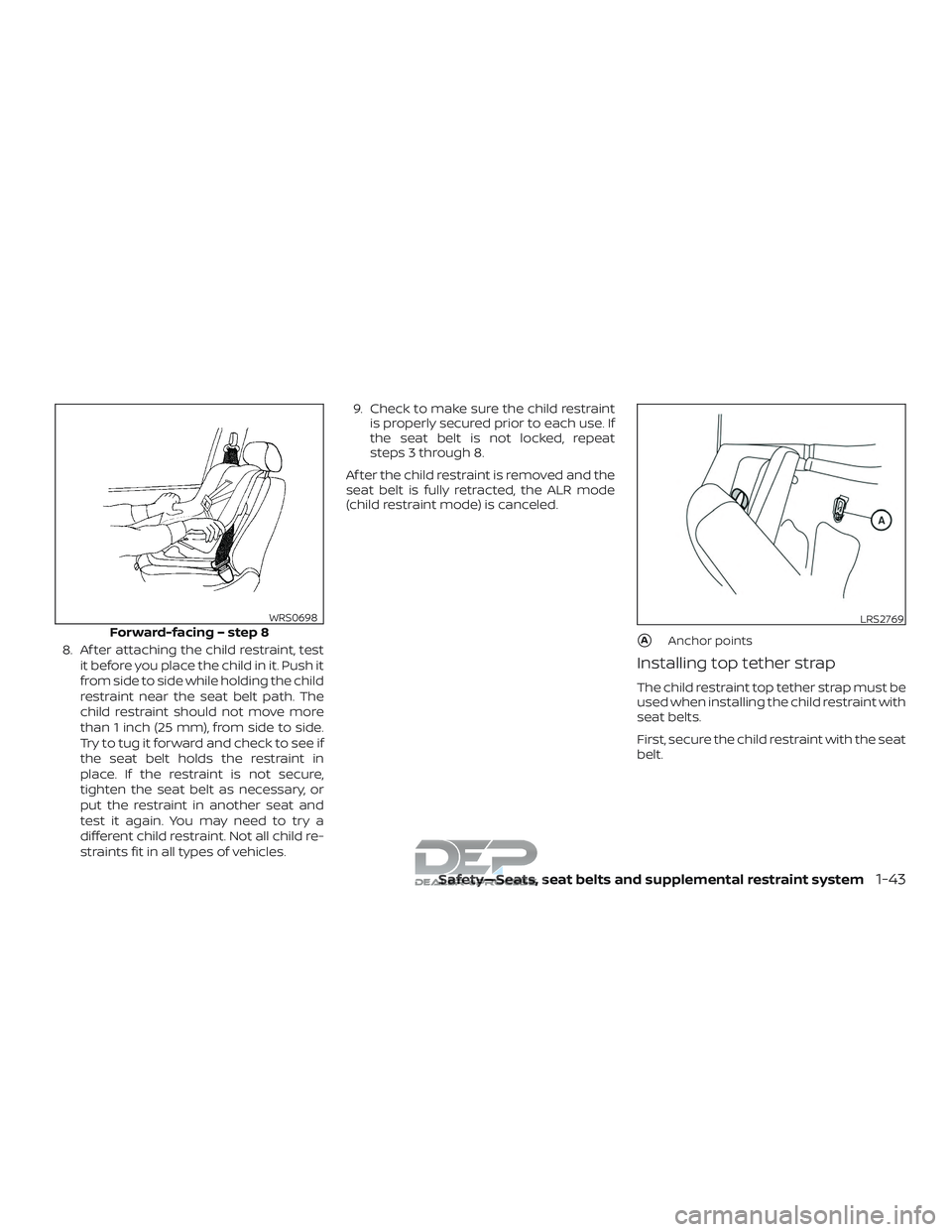 NISSAN TITAN 2018  Owner´s Manual 8. Af ter attaching the child restraint, testit before you place the child in it. Push it
from side to side while holding the child
restraint near the seat belt path. The
child restraint should not mo