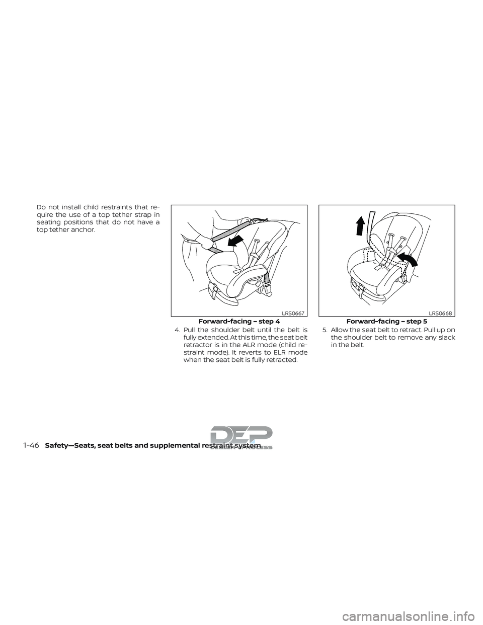 NISSAN TITAN 2018  Owner´s Manual Do not install child restraints that re-
quire the use of a top tether strap in
seating positions that do not have a
top tether anchor.4. Pull the shoulder belt until the belt isfully extended. At thi