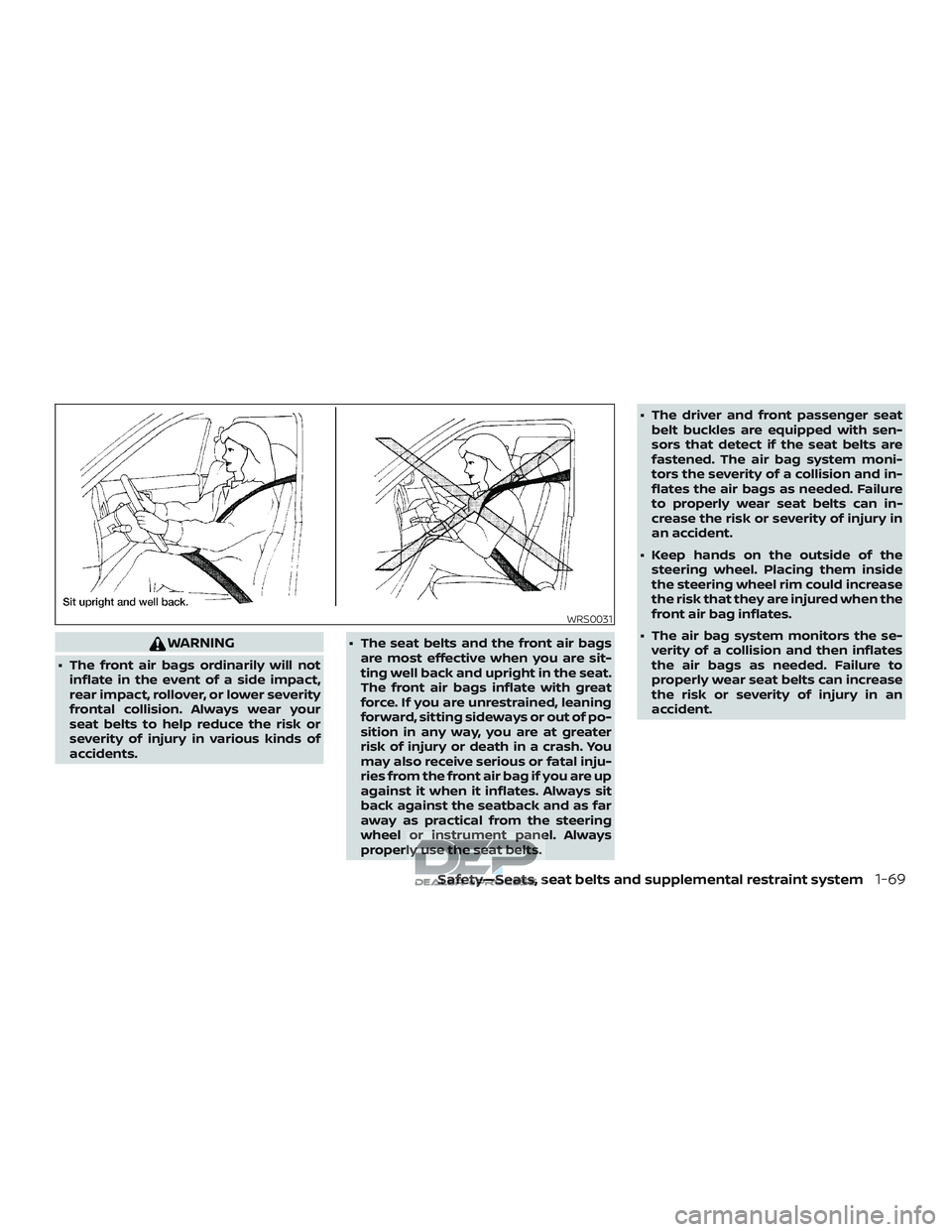 NISSAN TITAN 2018 Owner´s Manual WARNING
∙ The front air bags ordinarily will notinflate in the event of a side impact,
rear impact, rollover, or lower severity
frontal collision. Always wear your
seat belts to help reduce the risk NISSAN TITAN 2018 Owner´s Manual WARNING
∙ The front air bags ordinarily will notinflate in the event of a side impact,
rear impact, rollover, or lower severity
frontal collision. Always wear your
seat belts to help reduce the risk