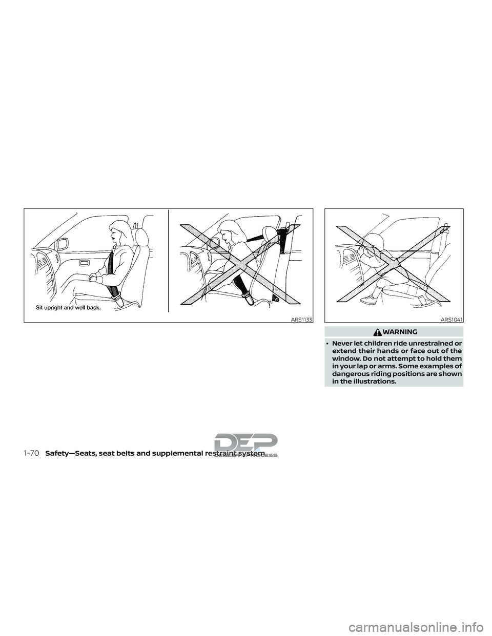 NISSAN TITAN 2018 Owner´s Manual WARNING
∙ Never let children ride unrestrained orextend their hands or face out of the
window. Do not attempt to hold them
in your lap or arms. Some examples of
dangerous riding positions are shown
NISSAN TITAN 2018 Owner´s Manual WARNING
∙ Never let children ride unrestrained orextend their hands or face out of the
window. Do not attempt to hold them
in your lap or arms. Some examples of
dangerous riding positions are shown