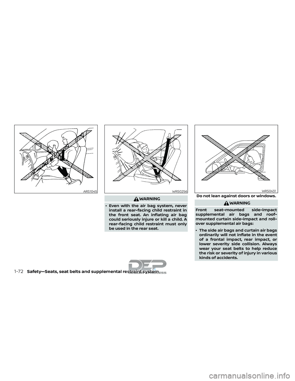 NISSAN TITAN 2018 Owner´s Manual WARNING
∙ Even with the air bag system, neverinstall a rear-facing child restraint in
the front seat. An inflating air bag
could seriously injure or kill a child. A
rear-facing child restraint must NISSAN TITAN 2018 Owner´s Manual WARNING
∙ Even with the air bag system, neverinstall a rear-facing child restraint in
the front seat. An inflating air bag
could seriously injure or kill a child. A
rear-facing child restraint must