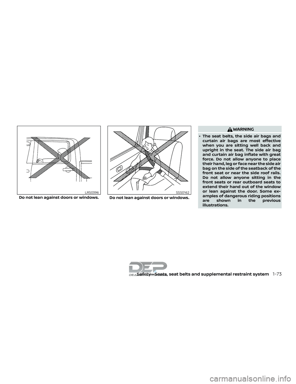 NISSAN TITAN 2018 Owner´s Manual WARNING
∙ The seat belts, the side air bags andcurtain air bags are most effective
when you are sitting well back and
upright in the seat. The side air bag
and curtain air bag inflate with great
for NISSAN TITAN 2018 Owner´s Manual WARNING
∙ The seat belts, the side air bags andcurtain air bags are most effective
when you are sitting well back and
upright in the seat. The side air bag
and curtain air bag inflate with great
for