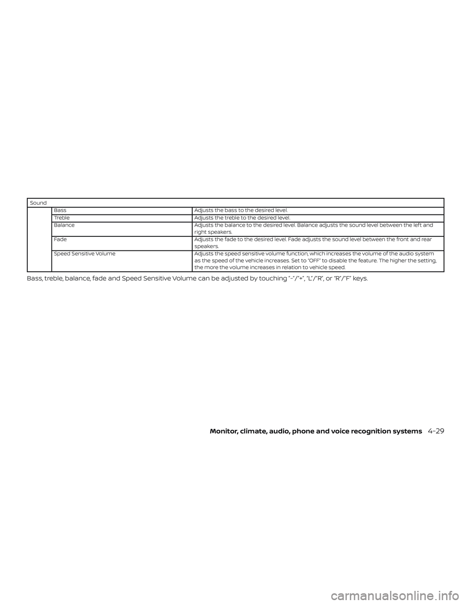NISSAN VERSA SEDAN 2019  Owner´s Manual SoundBass Adjusts the bass to the desired level.
Treble Adjusts the treble to the desired level.
Balance Adjusts the balance to the desired level. Balance adjusts the sound level between the lef t and