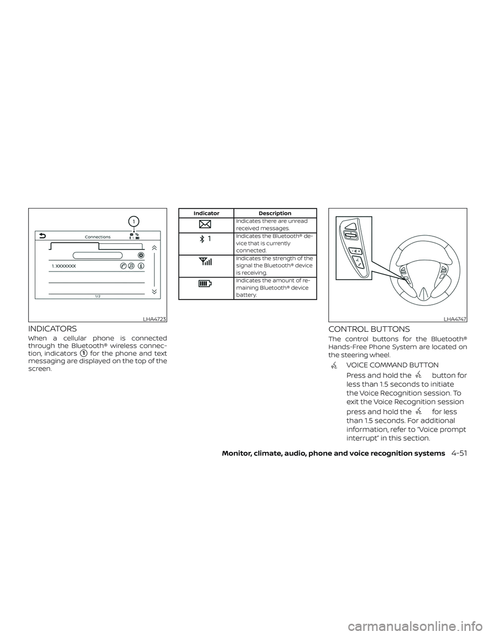 NISSAN VERSA SEDAN 2019  Owner´s Manual INDICATORS
When a cellular phone is connected
through the Bluetooth® wireless connec-
tion, indicators
1for the phone and text
messaging are displayed on the top of the
screen.
Indicator Description