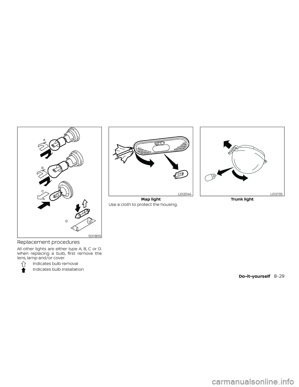 NISSAN VERSA SEDAN 2019  Owner´s Manual Replacement procedures
All other lights are either type A, B, C or D.
When replacing a bulb, first remove the
lens, lamp and/or cover.
Indicates bulb removal
Indicates bulb installationUse a cloth to 