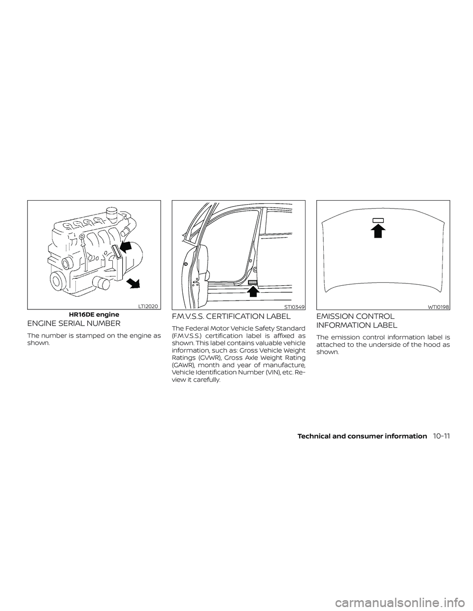 NISSAN VERSA SEDAN 2019 Owner´s Manual ENGINE SERIAL NUMBER
The number is stamped on the engine as
shown.
F.M.V.S.S. CERTIFICATION LABEL
The Federal Motor Vehicle Safety Standard
(F.M.V.S.S.) certification label is affixed as
shown. This l NISSAN VERSA SEDAN 2019 Owner´s Manual ENGINE SERIAL NUMBER
The number is stamped on the engine as
shown.
F.M.V.S.S. CERTIFICATION LABEL
The Federal Motor Vehicle Safety Standard
(F.M.V.S.S.) certification label is affixed as
shown. This l