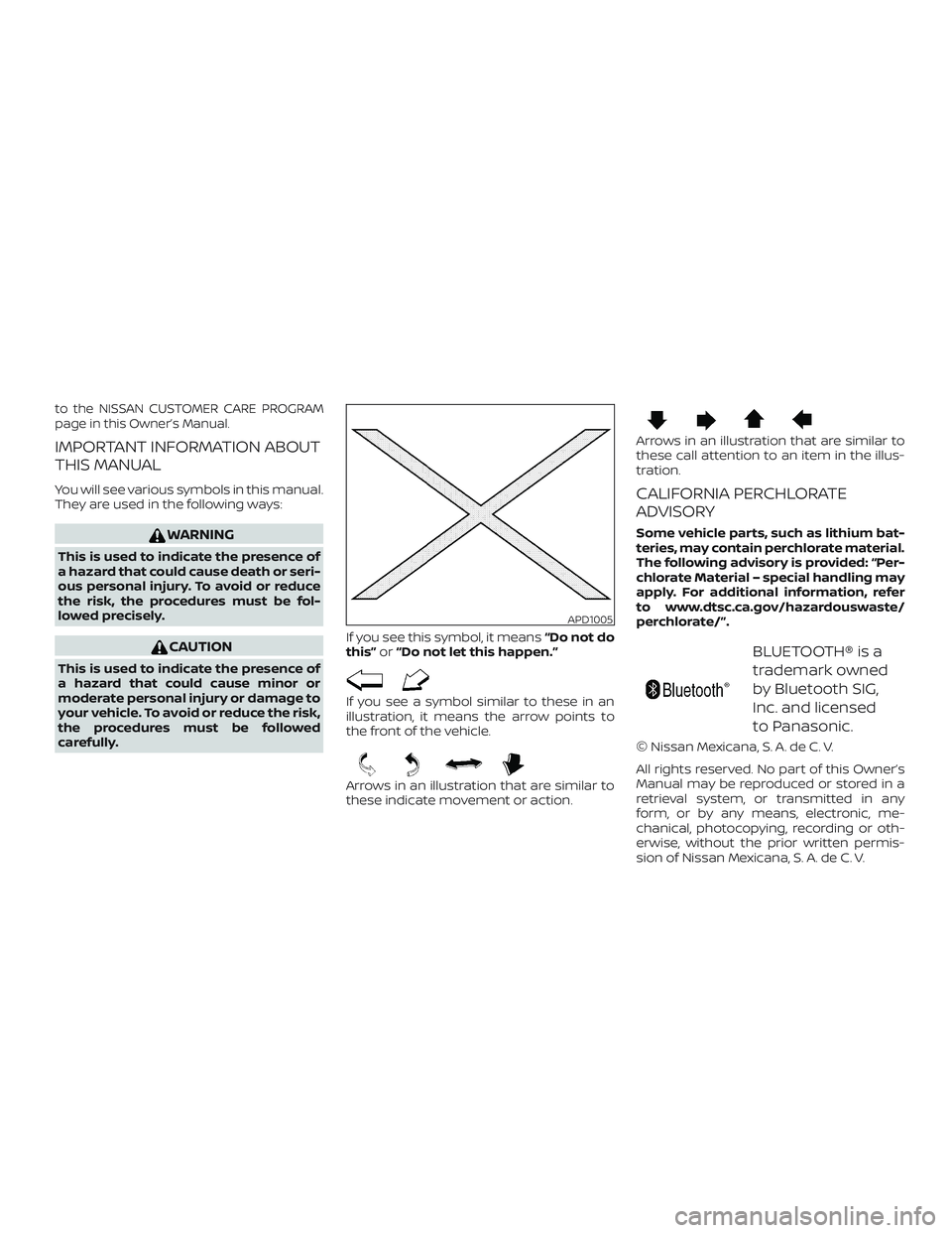 NISSAN VERSA SEDAN 2019 Owner´s Manual to the NISSAN CUSTOMER CARE PROGRAM
page in this Owner’s Manual.
IMPORTANT INFORMATION ABOUT
THIS MANUAL
You will see various symbols in this manual.
They are used in the following ways:
WARNING
Thi NISSAN VERSA SEDAN 2019 Owner´s Manual to the NISSAN CUSTOMER CARE PROGRAM
page in this Owner’s Manual.
IMPORTANT INFORMATION ABOUT
THIS MANUAL
You will see various symbols in this manual.
They are used in the following ways:
WARNING
Thi