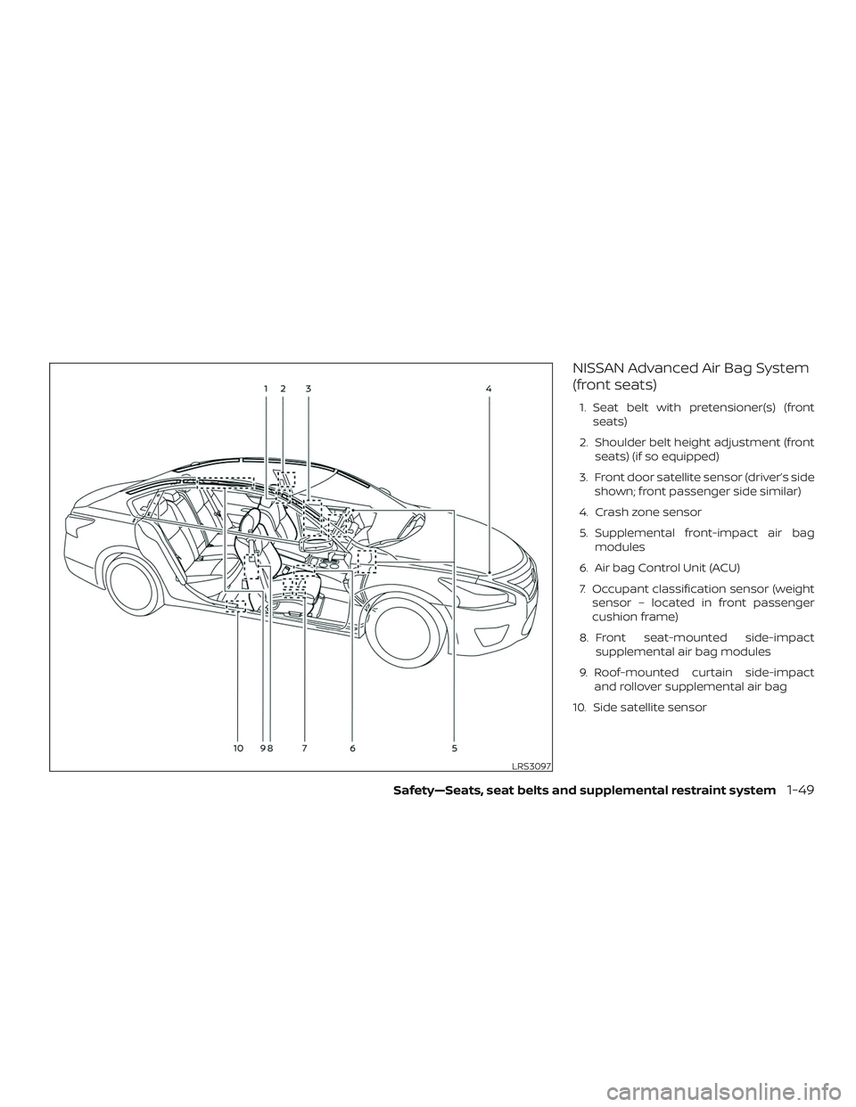 NISSAN VERSA SEDAN 2019  Owner´s Manual NISSAN Advanced Air Bag System
(front seats)
1. Seat belt with pretensioner(s) (frontseats)
2. Shoulder belt height adjustment (front seats) (if so equipped)
3. Front door satellite sensor (driver’s