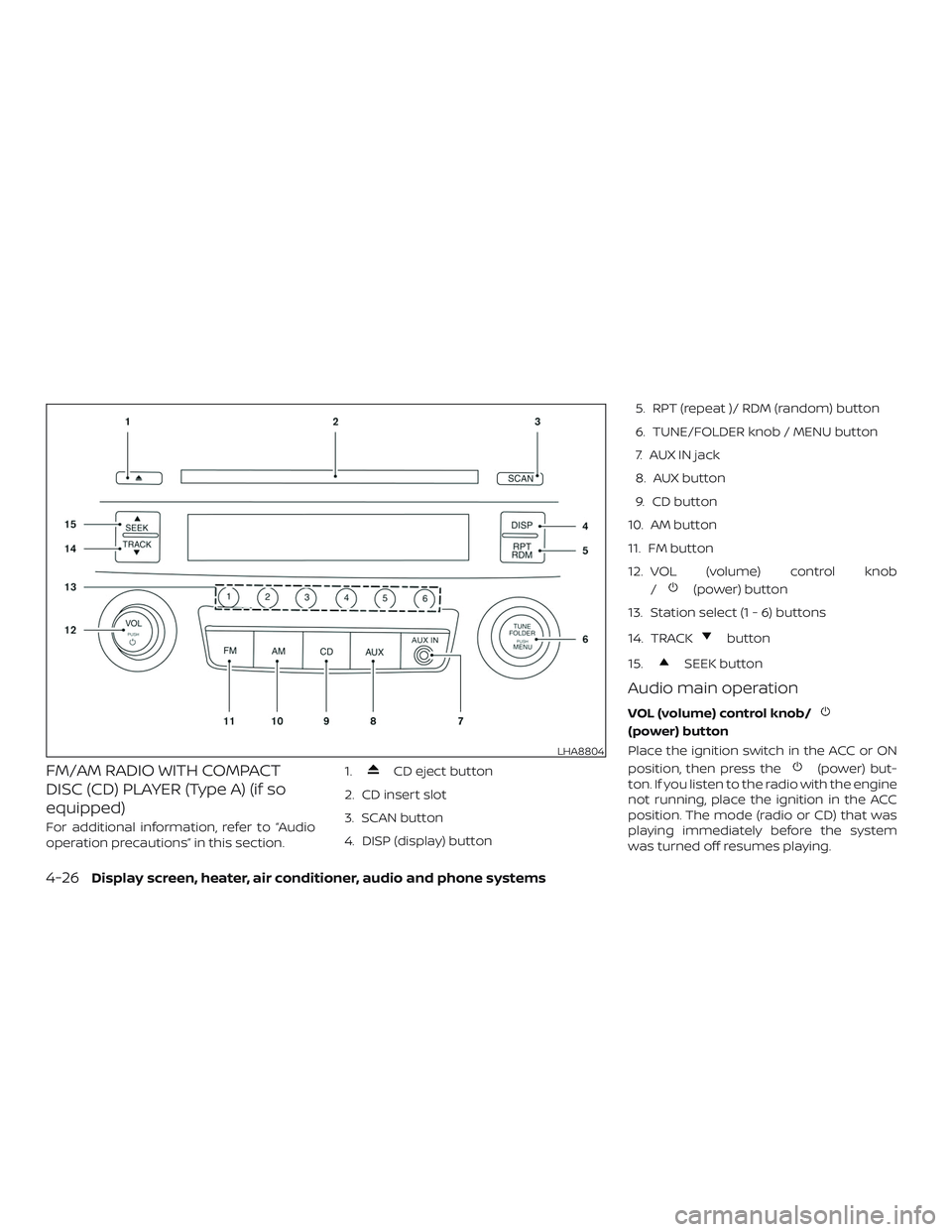 NISSAN VERSA SEDAN 2018  Owner´s Manual FM/AM RADIO WITH COMPACT
DISC (CD) PLAYER (Type A) (if so
equipped)
For additional information, refer to “Audio
operation precautions” in this section.1.
CD eject button
2. CD insert slot
3. SCAN 