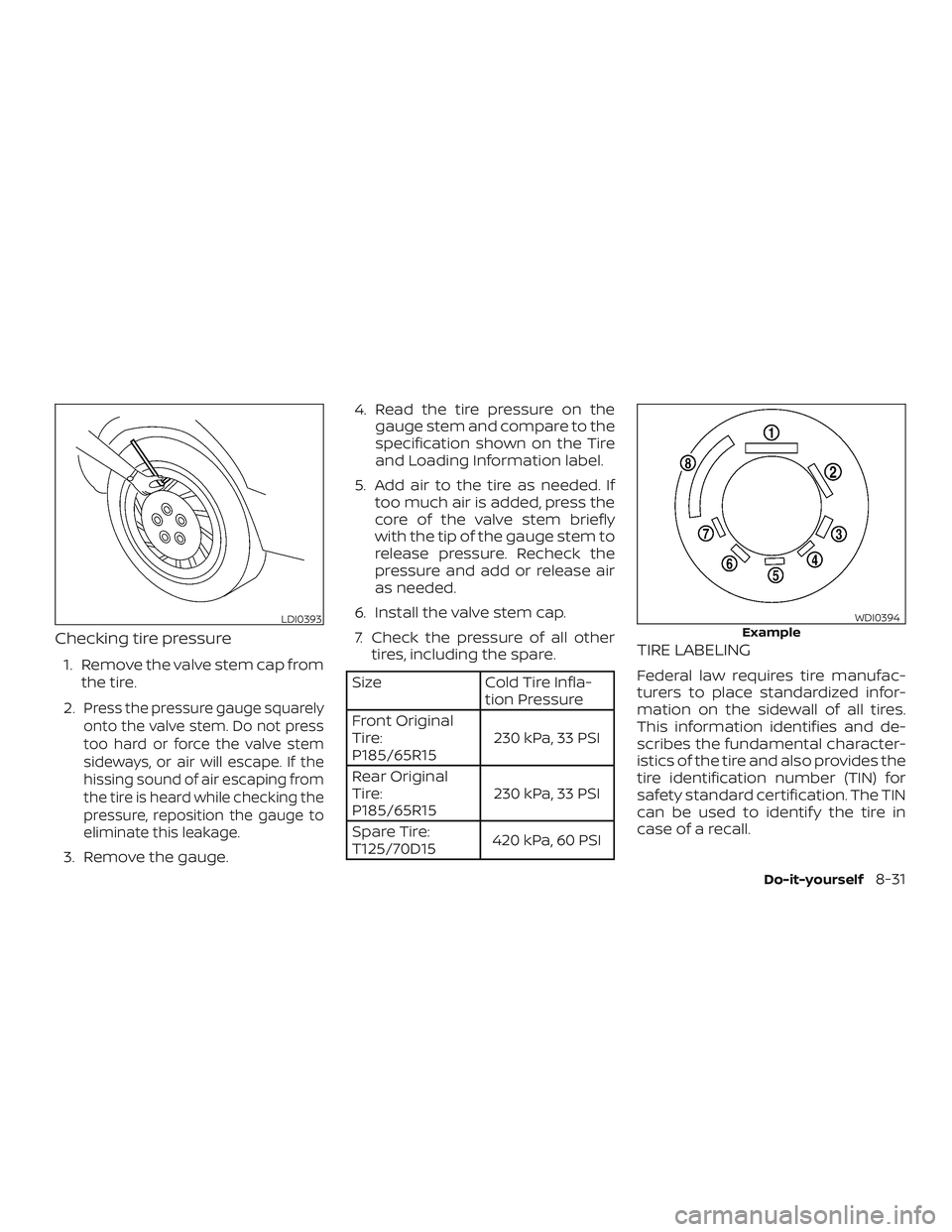 NISSAN VERSA SEDAN 2018  Owner´s Manual Checking tire pressure
1. Remove the valve stem cap from
the tire.
2.
Press the pressure gauge squarely
onto the valve stem. Do not press
too hard or force the valve stem
sideways, or air will escape.
