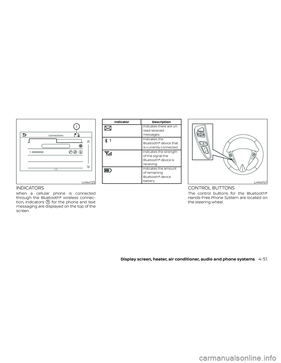 NISSAN VERSA SEDAN 2018  Owner´s Manual INDICATORS
When a cellular phone is connected
through the Bluetooth® wireless connec-
tion, indicators
1for the phone and text
messaging are displayed on the top of the
screen.
Indicator Description