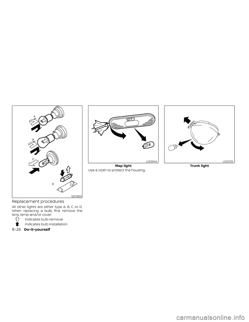 NISSAN VERSA SEDAN 2018  Owner´s Manual Replacement procedures
All other lights are either type A, B, C or D.
When replacing a bulb, first remove the
lens, lamp and/or cover.
Indicates bulb removal
Indicates bulb installationUse a cloth to 