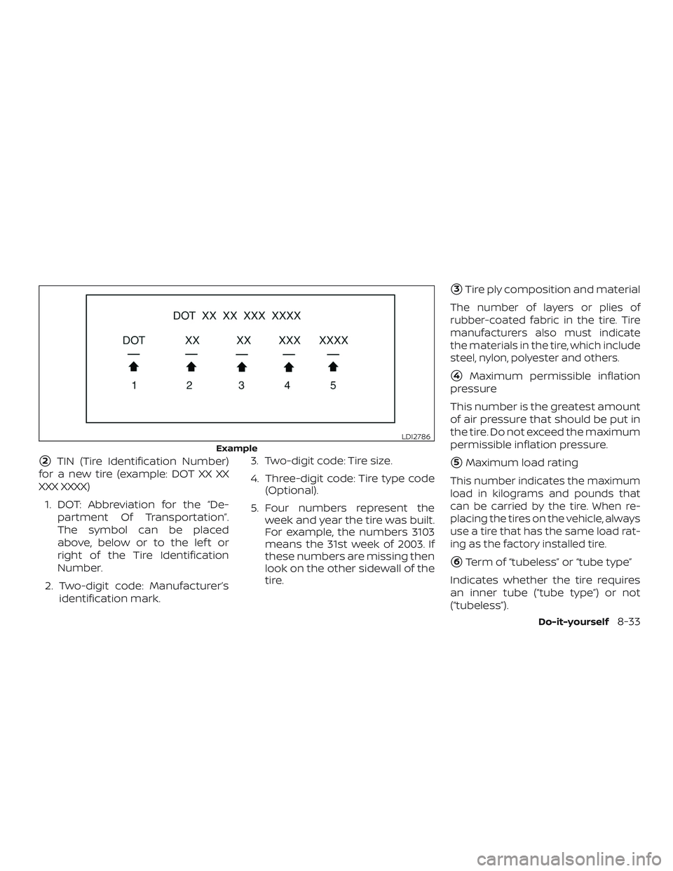 NISSAN VERSA SEDAN 2018  Owner´s Manual 2TIN (Tire Identification Number)
for a new tire (example: DOT XX XX
XXX XXXX)
1. DOT: Abbreviation for the “De- partment Of Transportation”.
The symbol can be placed
above, below or to the lef t