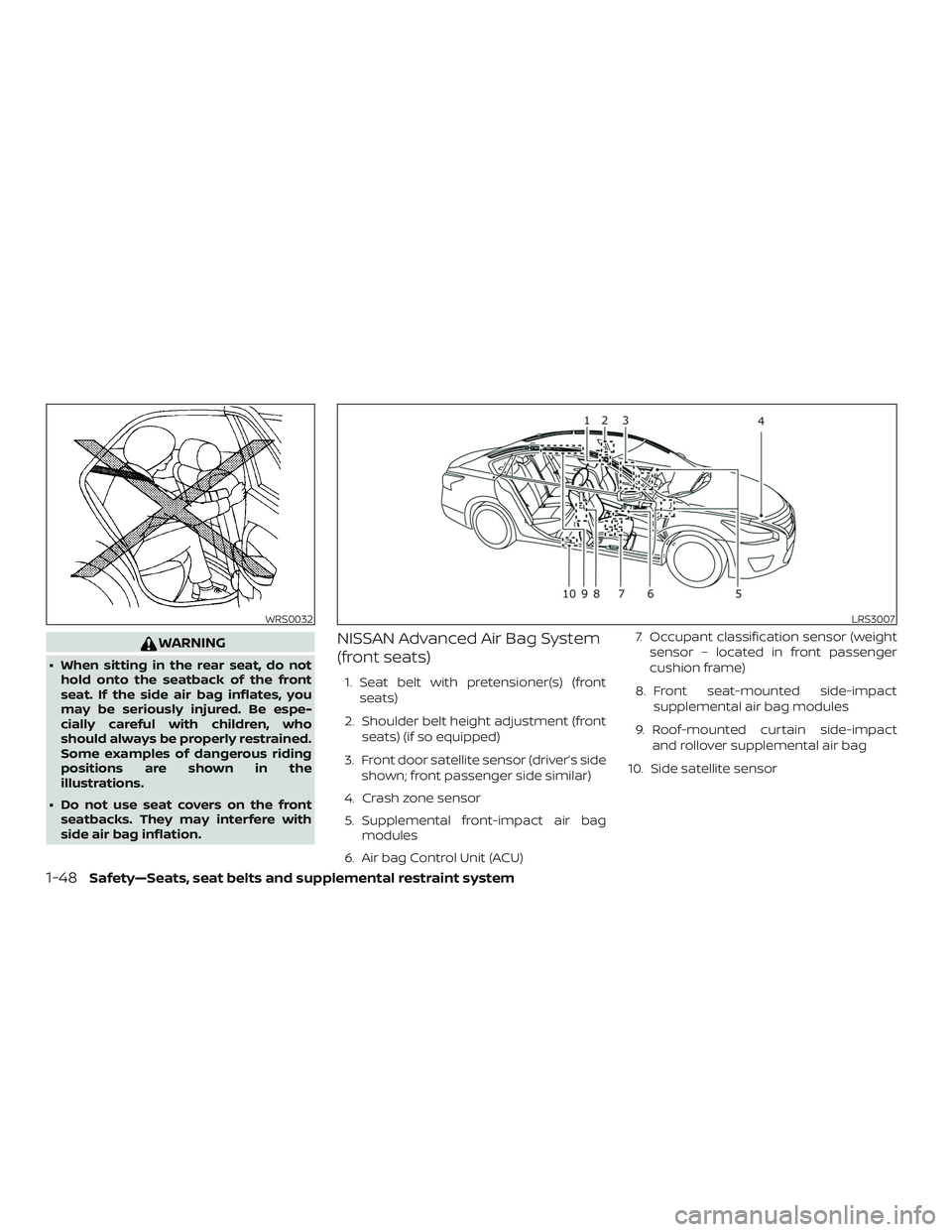 NISSAN VERSA SEDAN 2018  Owner´s Manual WARNING
∙ When sitting in the rear seat, do not
hold onto the seatback of the front
seat. If the side air bag inflates, you
may be seriously injured. Be espe-
cially careful with children, who
shoul