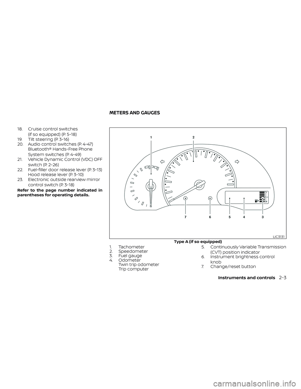 NISSAN VERSA SEDAN 2018 Owner´s Manual 18. Cruise control switches
(if so equipped) (P. 5-18)
19. Tilt steering (P. 3-16)
20. Audio control switches (P. 4-47)
Bluetooth® Hands-Free Phone
System switches (P. 4-49)
21. Vehicle Dynamic Contr NISSAN VERSA SEDAN 2018 Owner´s Manual 18. Cruise control switches
(if so equipped) (P. 5-18)
19. Tilt steering (P. 3-16)
20. Audio control switches (P. 4-47)
Bluetooth® Hands-Free Phone
System switches (P. 4-49)
21. Vehicle Dynamic Contr