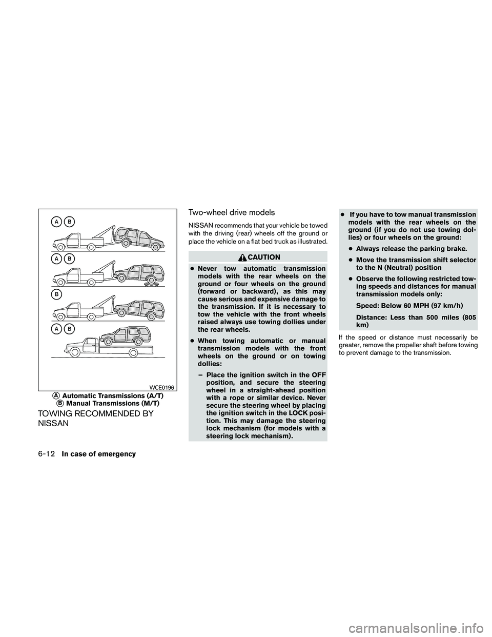 NISSAN XTERRA 2010  Owner´s Manual TOWING RECOMMENDED BY
NISSANTwo-wheel drive models
NISSAN recommends that your vehicle be towed
with the driving (rear) wheels off the ground or
place the vehicle on a flat bed truck as illustrated.
C NISSAN XTERRA 2010  Owner´s Manual TOWING RECOMMENDED BY
NISSANTwo-wheel drive models
NISSAN recommends that your vehicle be towed
with the driving (rear) wheels off the ground or
place the vehicle on a flat bed truck as illustrated.
C