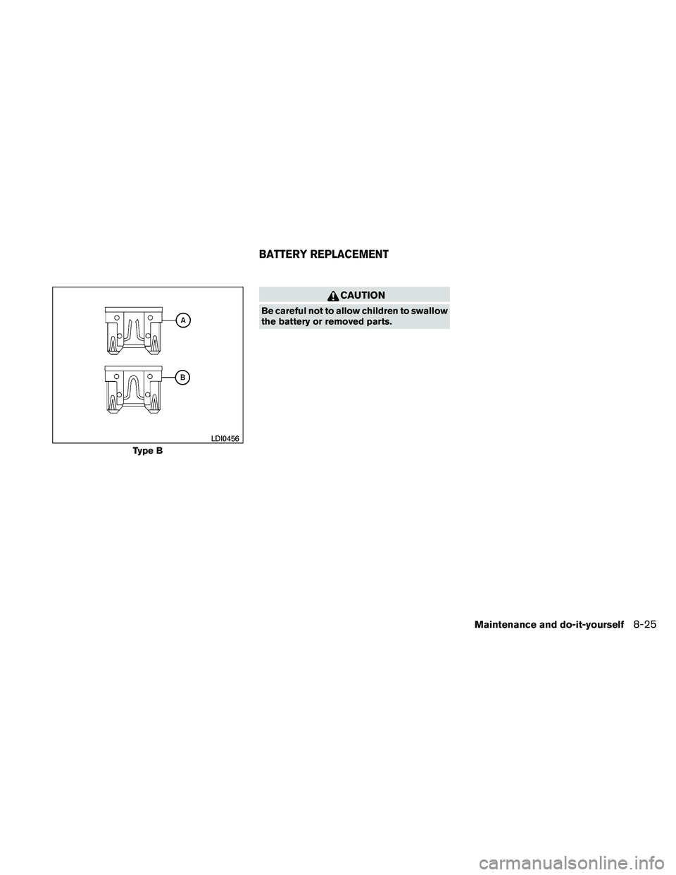 NISSAN XTERRA 2010  Owner´s Manual CAUTION
Be careful not to allow children to swallow
the battery or removed parts.
Type B
LDI0456
BATTERY REPLACEMENT
Maintenance and do-it-yourself8-25 