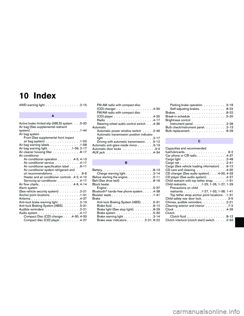 NISSAN XTERRA 2010  Owner´s Manual 10 Index
4WD warning light...............2-15
A
Active brake limited slip (ABLS) system . . .5-32
Air bag (See supplemental restraint
system) .....................1-44
Air bag system Front (See supple