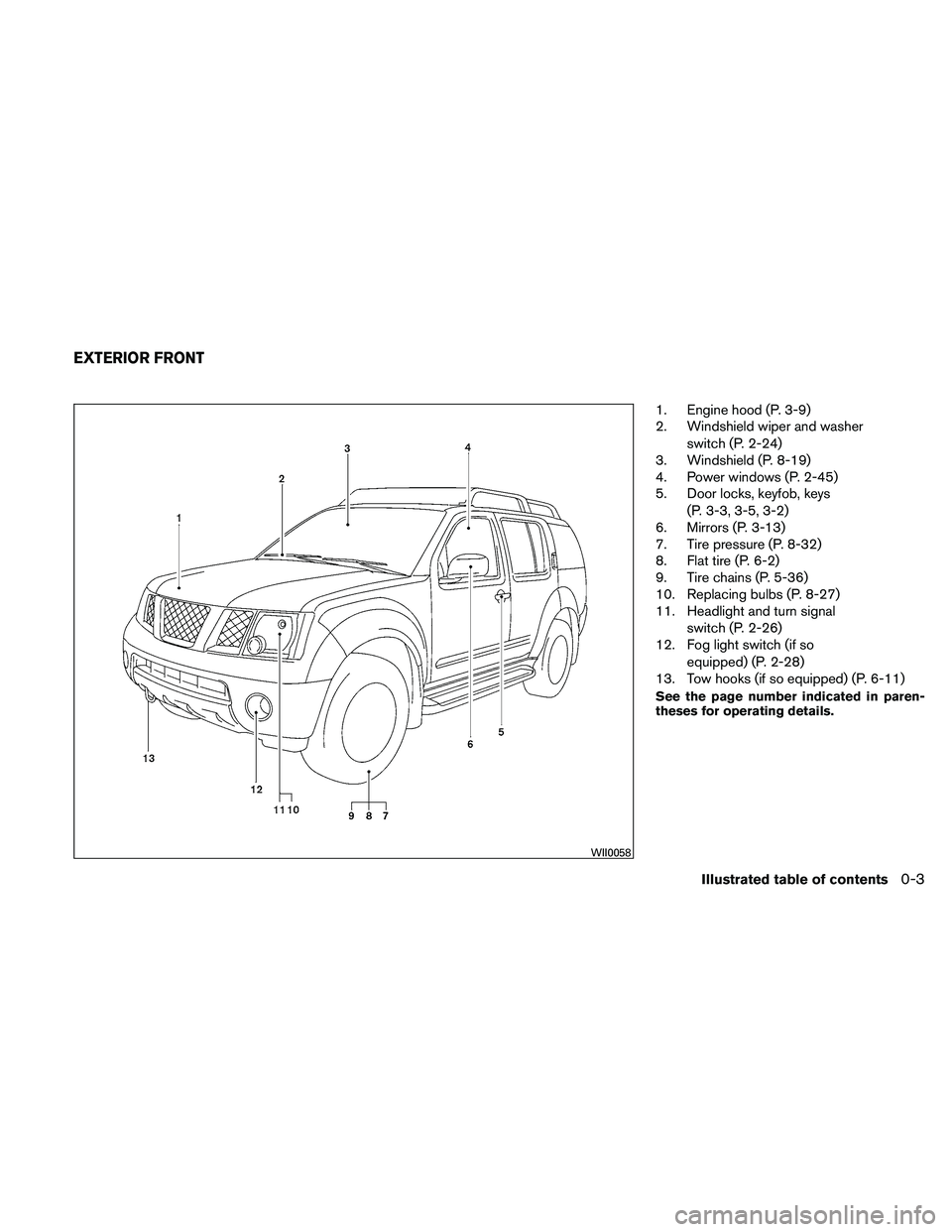 NISSAN XTERRA 2010  Owner´s Manual 1. Engine hood (P. 3-9)
2. Windshield wiper and washerswitch (P. 2-24)
3. Windshield (P. 8-19)
4. Power windows (P. 2-45)
5. Door locks, keyfob, keys
(P. 3-3, 3-5, 3-2)
6. Mirrors (P. 3-13)
7. Tire pr