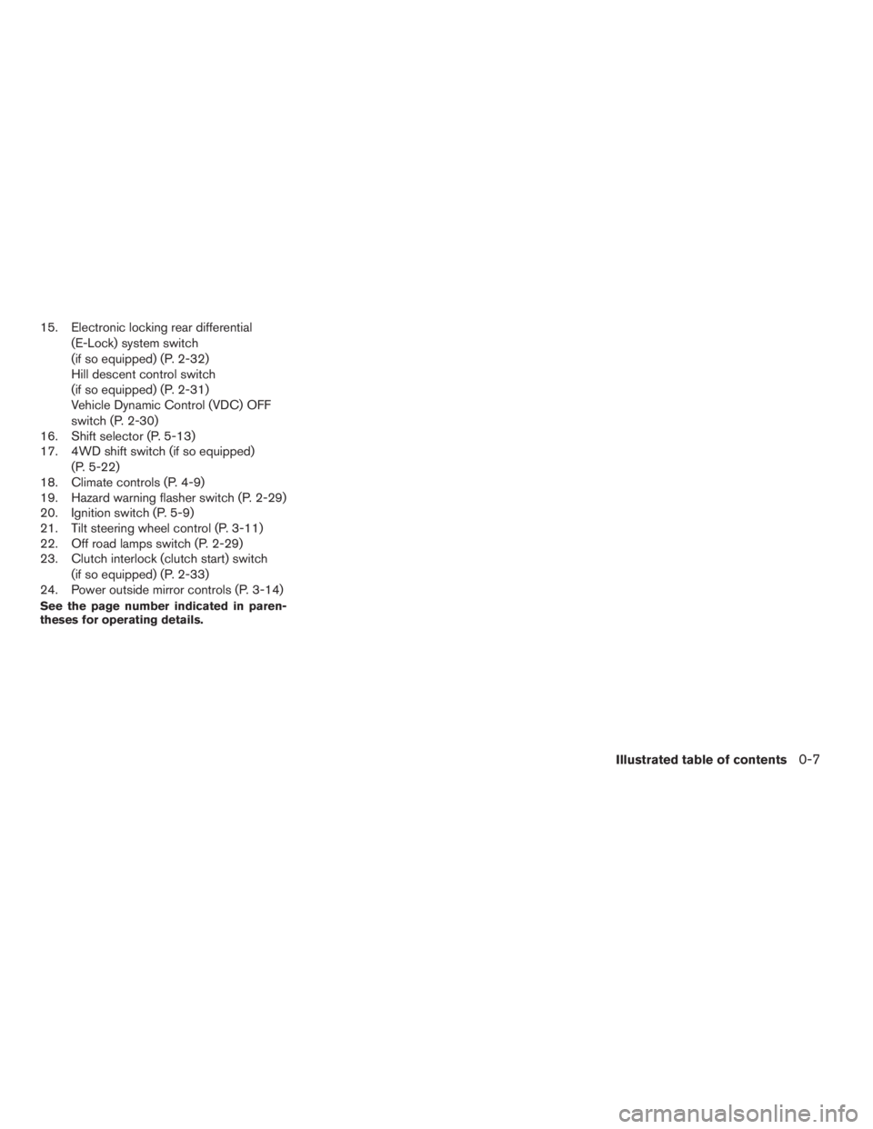 NISSAN XTERRA 2009 Owner´s Manual 15. Electronic locking rear differential
(E-Lock) system switch
(if so equipped) (P. 2-32)
Hill descent control switch
(if so equipped) (P. 2-31)
Vehicle Dynamic Control (VDC) OFF
switch (P. 2-30)
16. NISSAN XTERRA 2009 Owner´s Manual 15. Electronic locking rear differential
(E-Lock) system switch
(if so equipped) (P. 2-32)
Hill descent control switch
(if so equipped) (P. 2-31)
Vehicle Dynamic Control (VDC) OFF
switch (P. 2-30)
16.