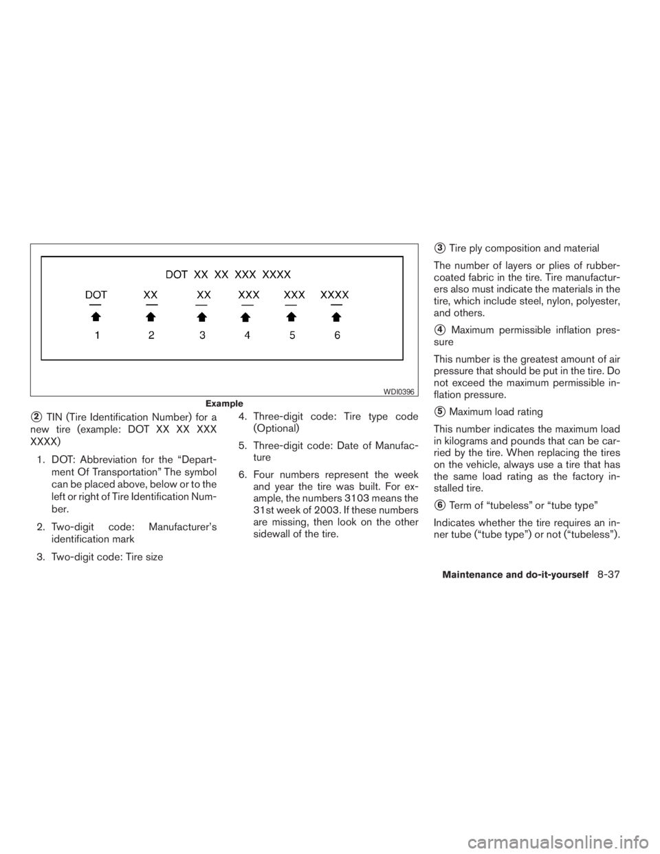 NISSAN XTERRA 2009 Owner´s Manual s2TIN (Tire Identification Number) for a
new tire (example: DOT XX XX XXX
XXXX)
1. DOT: Abbreviation for the “Depart-
ment Of Transportation” The symbol
can be placed above, below or to the
left o NISSAN XTERRA 2009 Owner´s Manual s2TIN (Tire Identification Number) for a
new tire (example: DOT XX XX XXX
XXXX)
1. DOT: Abbreviation for the “Depart-
ment Of Transportation” The symbol
can be placed above, below or to the
left o