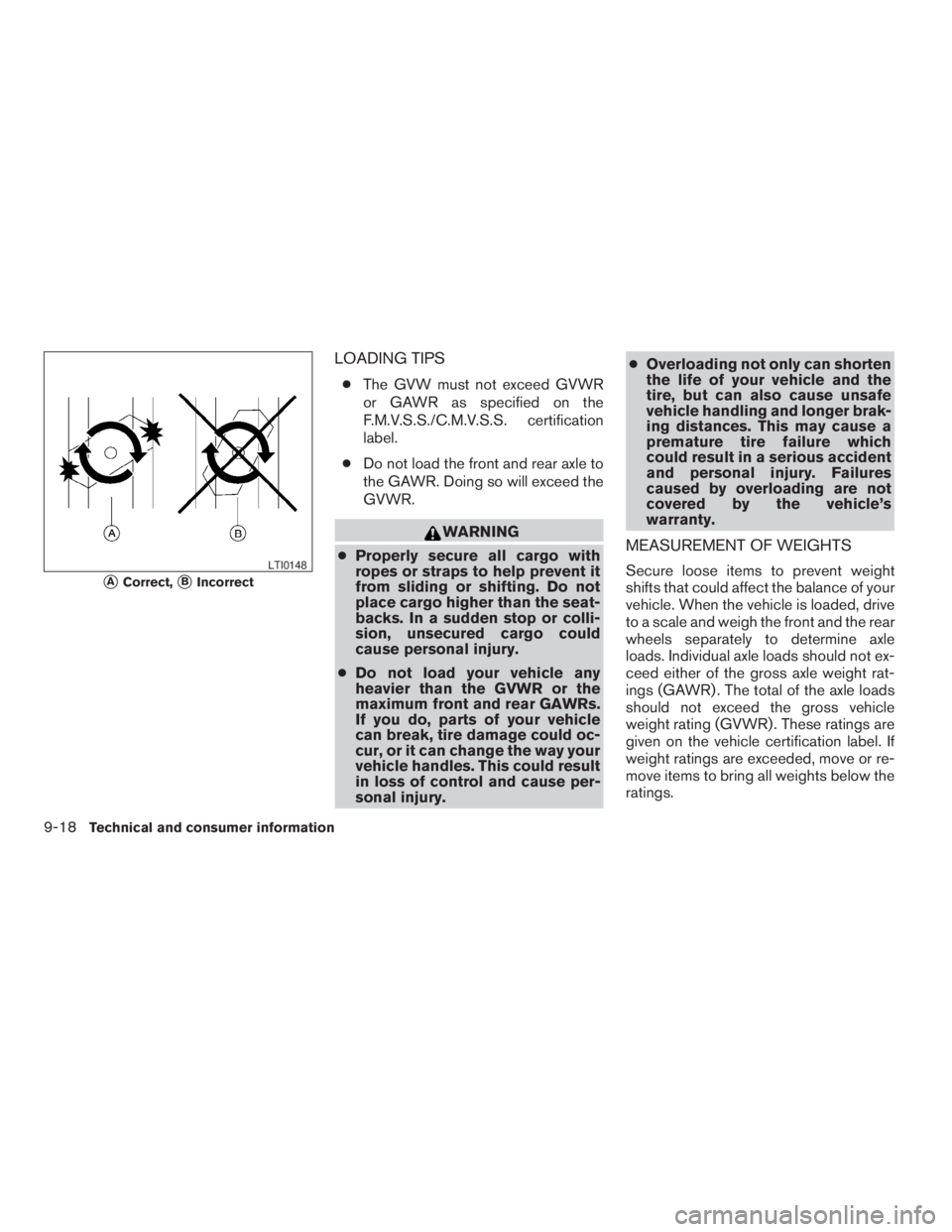 NISSAN XTERRA 2009 Owner´s Manual LOADING TIPS
cThe GVW must not exceed GVWR
or GAWR as specified on the
F.M.V.S.S./C.M.V.S.S. certification
label.
cDo not load the front and rear axle to
the GAWR. Doing so will exceed the
GVWR.
WARNI NISSAN XTERRA 2009 Owner´s Manual LOADING TIPS
cThe GVW must not exceed GVWR
or GAWR as specified on the
F.M.V.S.S./C.M.V.S.S. certification
label.
cDo not load the front and rear axle to
the GAWR. Doing so will exceed the
GVWR.
WARNI