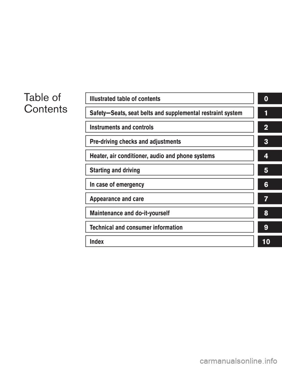 NISSAN XTERRA 2009 Owner´s Manual Table of
ContentsIllustrated table of contents
Safety—Seats, seat belts and supplemental restraint system
Instruments and controls
Pre-driving checks and adjustments
Heater, air conditioner, audio a NISSAN XTERRA 2009 Owner´s Manual Table of
ContentsIllustrated table of contents
Safety—Seats, seat belts and supplemental restraint system
Instruments and controls
Pre-driving checks and adjustments
Heater, air conditioner, audio a