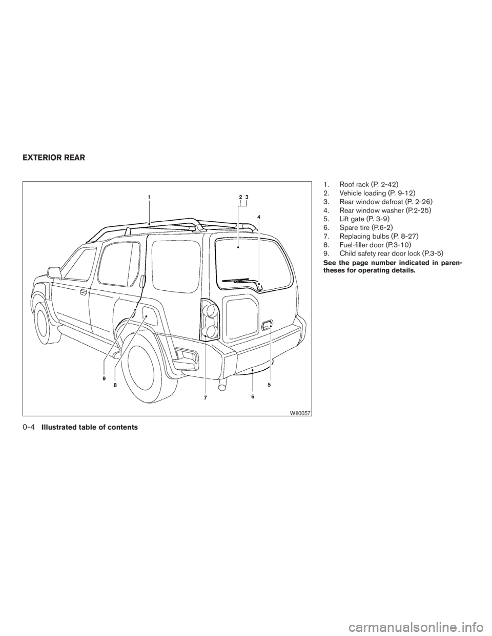 NISSAN XTERRA 2009  Owner´s Manual 1. Roof rack (P. 2-42)
2. Vehicle loading (P. 9-12)
3. Rear window defrost (P. 2-26)
4. Rear window washer (P.2-25)
5. Lift gate (P. 3-9)
6. Spare tire (P.6-2)
7. Replacing bulbs (P. 8-27)
8. Fuel-fil