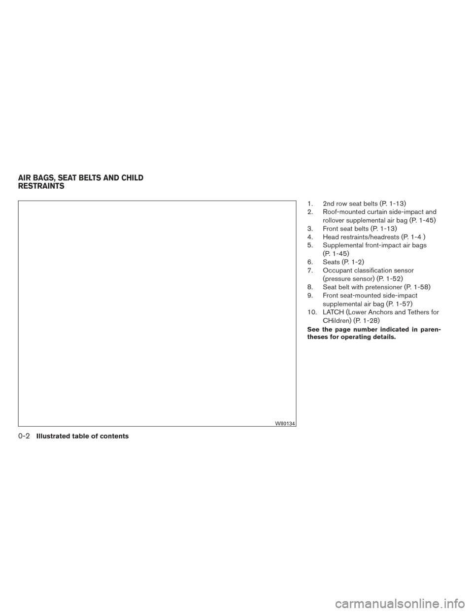 NISSAN XTERRA 2014 N50 / 2.G User Guide 1. 2nd row seat belts (P. 1-13)
2. Roof-mounted curtain side-impact androllover supplemental air bag (P. 1-45)
3. Front seat belts (P. 1-13)
4. Head restraints/headrests (P. 1-4 )
5. Supplemental fron NISSAN XTERRA 2014 N50 / 2.G User Guide 1. 2nd row seat belts (P. 1-13)
2. Roof-mounted curtain side-impact androllover supplemental air bag (P. 1-45)
3. Front seat belts (P. 1-13)
4. Head restraints/headrests (P. 1-4 )
5. Supplemental fron