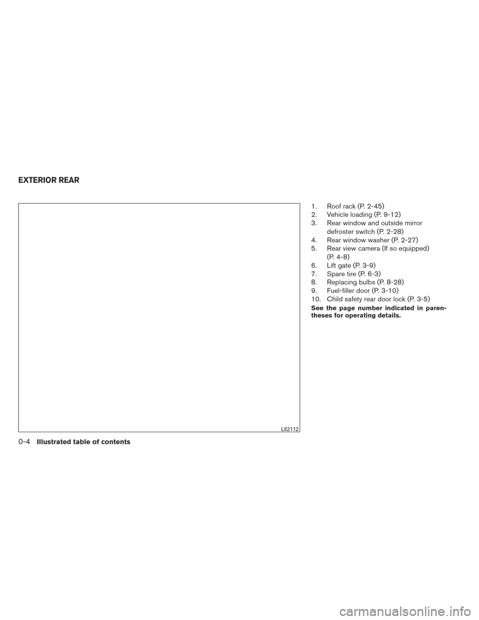 NISSAN XTERRA 2014 N50 / 2.G User Guide 1. Roof rack (P. 2-45)
2. Vehicle loading (P. 9-12)
3. Rear window and outside mirrordefroster switch (P. 2-28)
4. Rear window washer (P. 2-27)
5. Rear view camera (If so equipped)
(P. 4-8)
6. Lift ga NISSAN XTERRA 2014 N50 / 2.G User Guide 1. Roof rack (P. 2-45)
2. Vehicle loading (P. 9-12)
3. Rear window and outside mirrordefroster switch (P. 2-28)
4. Rear window washer (P. 2-27)
5. Rear view camera (If so equipped)
(P. 4-8)
6. Lift ga