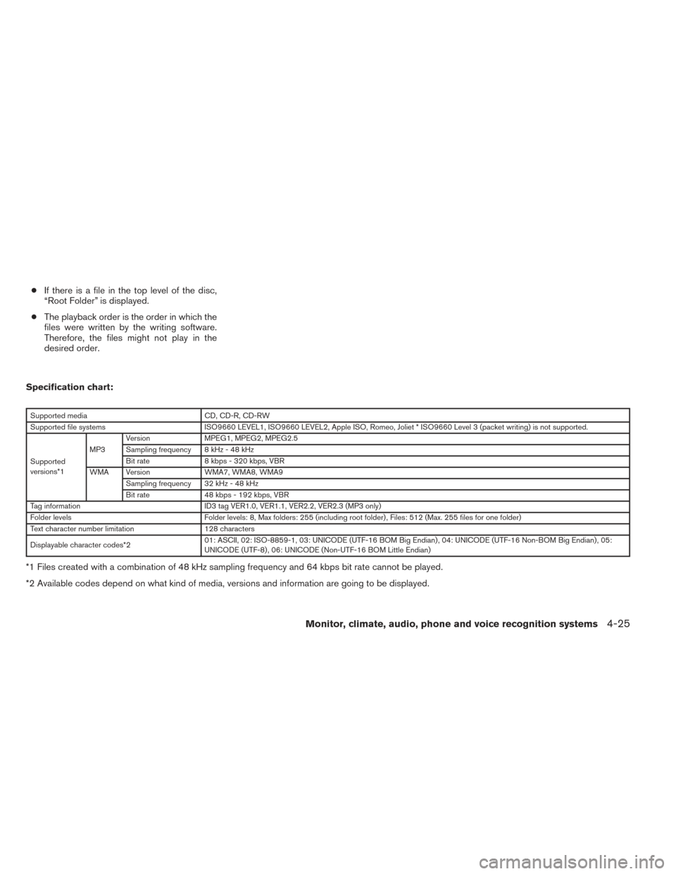 NISSAN XTERRA 2014 N50 / 2.G Owners Manual ●If there is a file in the top level of the disc,
“Root Folder” is displayed.
● The playback order is the order in which the
files were written by the writing software.
Therefore, the files mi NISSAN XTERRA 2014 N50 / 2.G Owners Manual ●If there is a file in the top level of the disc,
“Root Folder” is displayed.
● The playback order is the order in which the
files were written by the writing software.
Therefore, the files mi