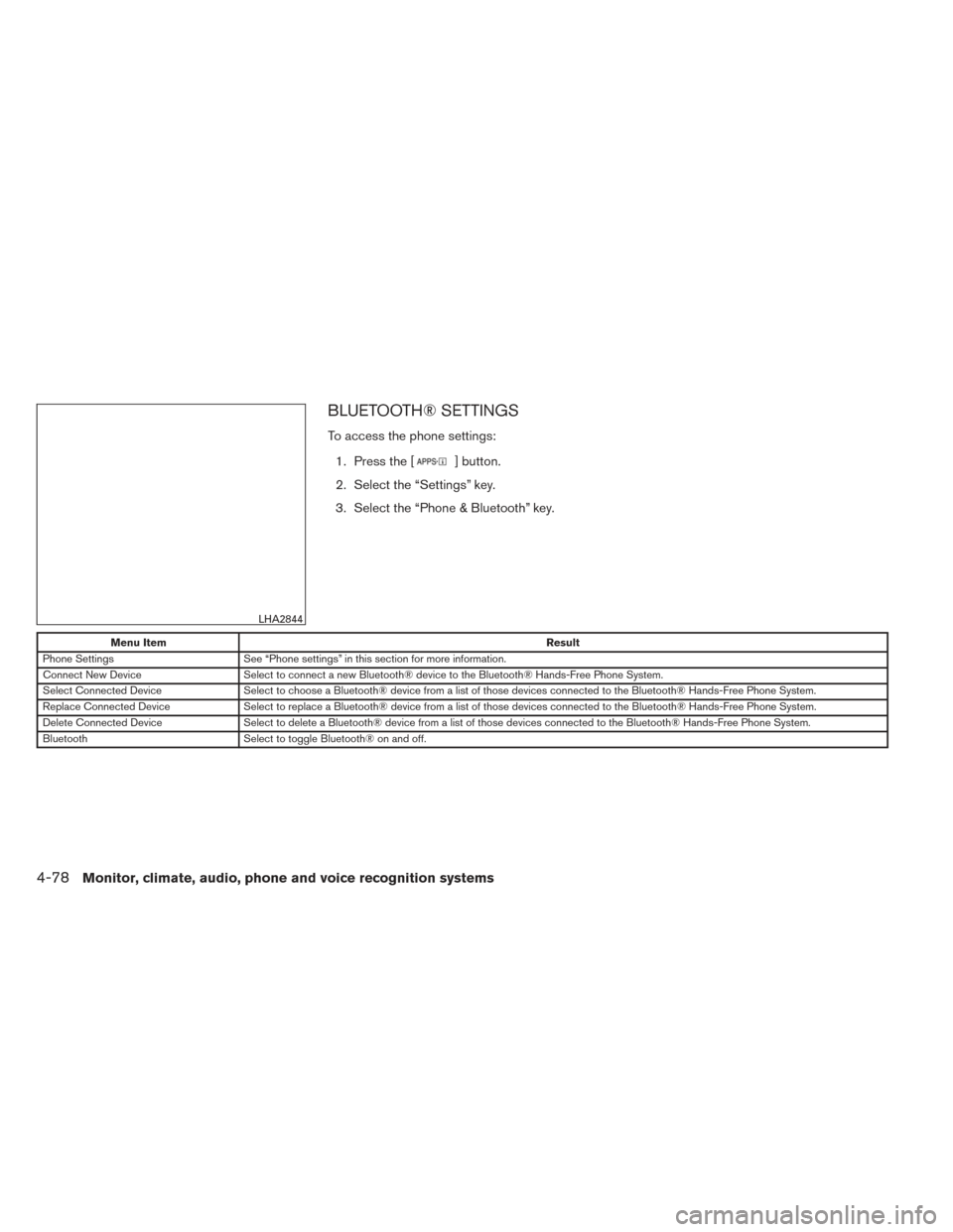 NISSAN XTERRA 2014 N50 / 2.G Owners Manual BLUETOOTH® SETTINGS
To access the phone settings:1. Press the [
] button.
2. Select the “Settings” key.
3. Select the “Phone & Bluetooth” key.
Menu Item Result
Phone Settings See “Phone set