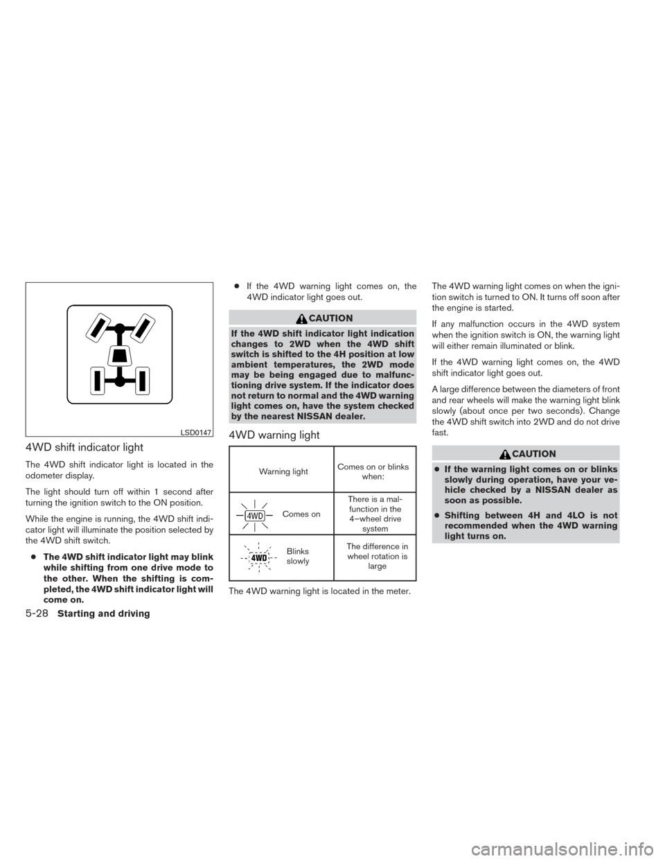 NISSAN XTERRA 2014 N50 / 2.G Owners Manual 4WD shift indicator light
The 4WD shift indicator light is located in the
odometer display.
The light should turn off within 1 second after
turning the ignition switch to the ON position.
While the en NISSAN XTERRA 2014 N50 / 2.G Owners Manual 4WD shift indicator light
The 4WD shift indicator light is located in the
odometer display.
The light should turn off within 1 second after
turning the ignition switch to the ON position.
While the en
