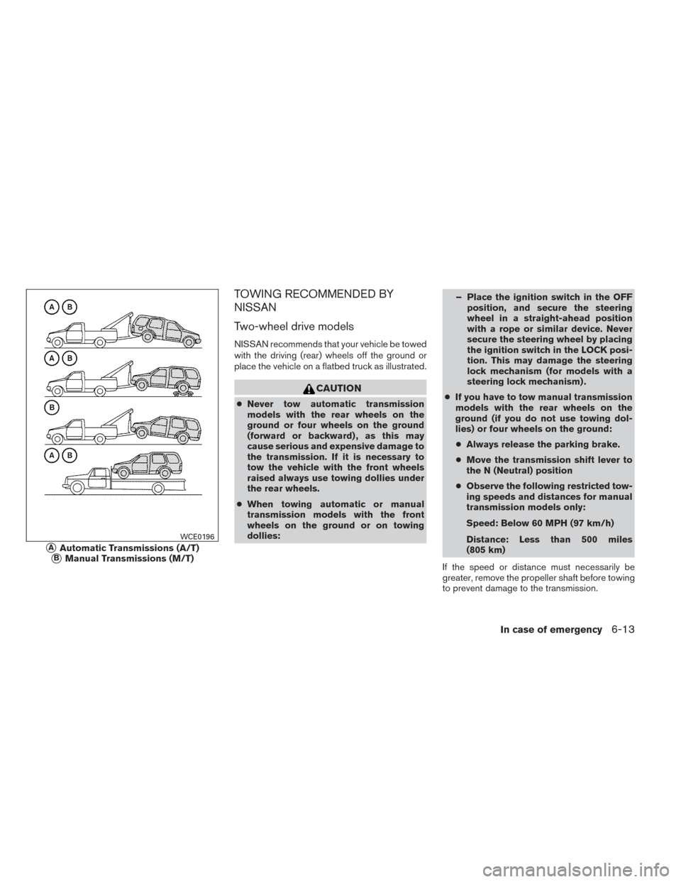 NISSAN XTERRA 2014 N50 / 2.G Owners Manual TOWING RECOMMENDED BY
NISSAN
Two-wheel drive models
NISSAN recommends that your vehicle be towed
with the driving (rear) wheels off the ground or
place the vehicle on a flatbed truck as illustrated.
C