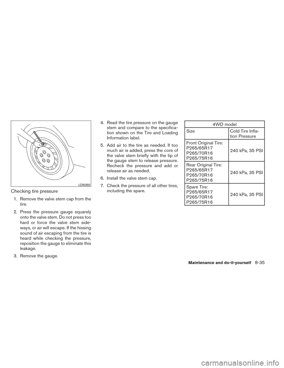 NISSAN XTERRA 2014 N50 / 2.G Owners Manual Checking tire pressure
1. Remove the valve stem cap from thetire.
2. Press the pressure gauge squarely onto the valve stem. Do not press too
hard or force the valve stem side-
ways, or air will escape