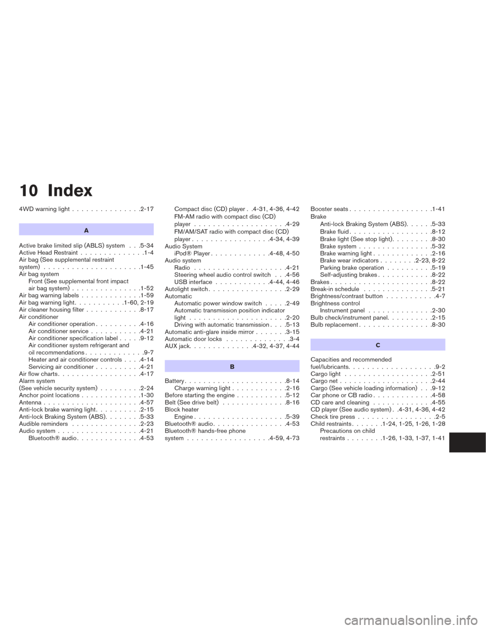 NISSAN XTERRA 2014 N50 / 2.G Owners Manual 10 Index
4WDwarninglight...............2-17A
Active brake limited slip (ABLS) system . . .5-34
Active Head Restraint ..............1-4
Air bag (See supplemental restraint
system) .....................