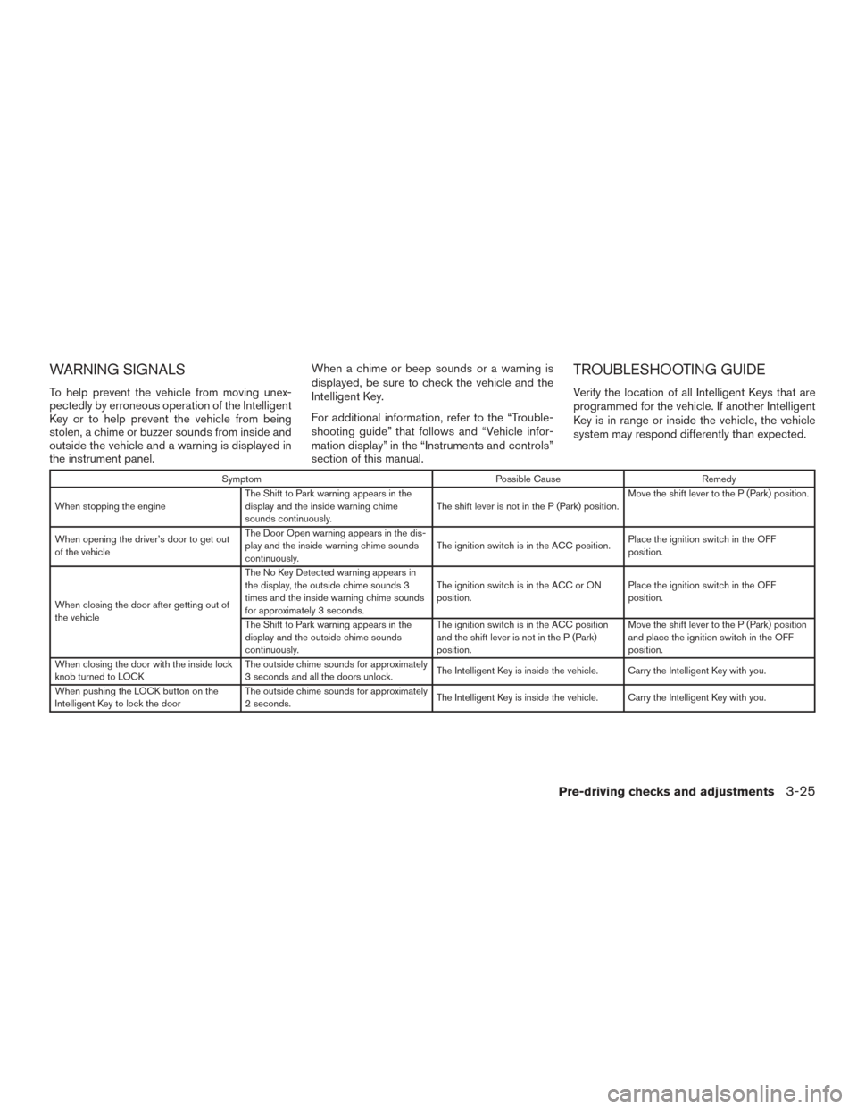 NISSAN ALTIMA 2015 L33 / 5.G Owners Manual WARNING SIGNALS
To help prevent the vehicle from moving unex-
pectedly by erroneous operation of the Intelligent
Key or to help prevent the vehicle from being
stolen, a chime or buzzer sounds from ins NISSAN ALTIMA 2015 L33 / 5.G Owners Manual WARNING SIGNALS
To help prevent the vehicle from moving unex-
pectedly by erroneous operation of the Intelligent
Key or to help prevent the vehicle from being
stolen, a chime or buzzer sounds from ins