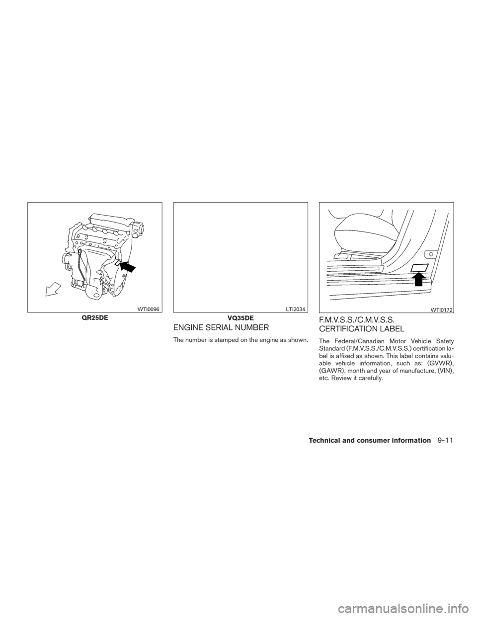 NISSAN ALTIMA 2015 L33 / 5.G Owners Manual ENGINE SERIAL NUMBER
The number is stamped on the engine as shown.
F.M.V.S.S./C.M.V.S.S.
CERTIFICATION LABEL
The Federal/Canadian Motor Vehicle Safety
Standard (F.M.V.S.S./C.M.V.S.S.) certification la