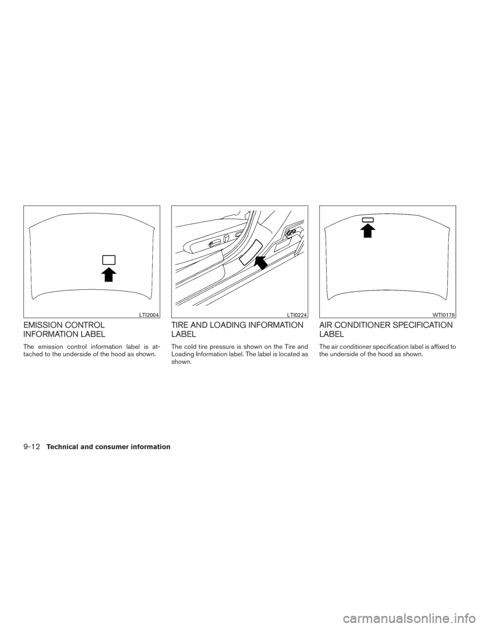 NISSAN ALTIMA 2015 L33 / 5.G Owners Manual EMISSION CONTROL
INFORMATION LABEL
The emission control information label is at-
tached to the underside of the hood as shown.
TIRE AND LOADING INFORMATION
LABEL
The cold tire pressure is shown on the